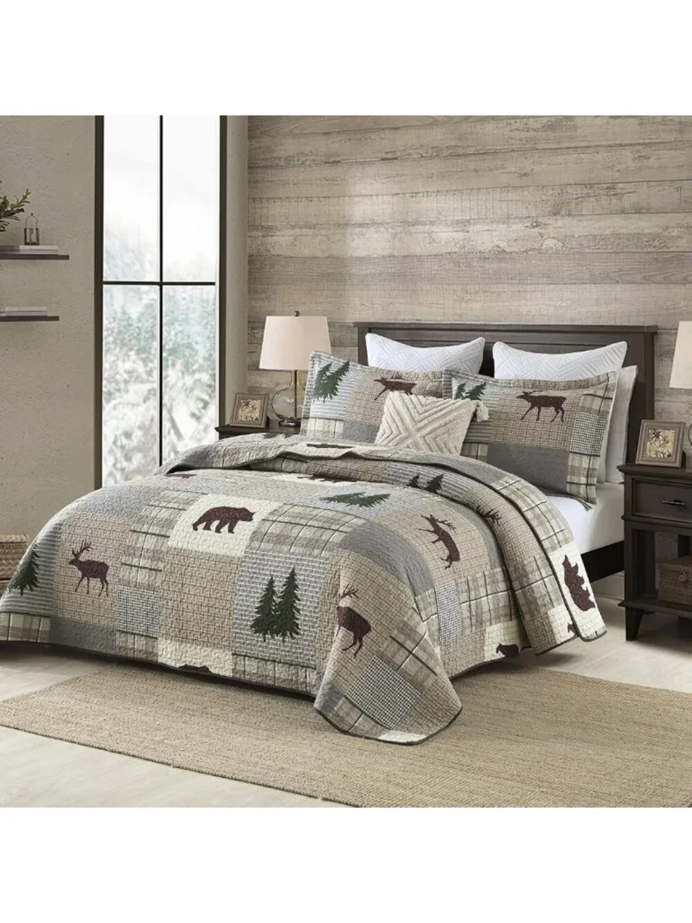 Cozy 100% Cotton Queen Quilt Set - Reversible Forest Plaid Bedspread & 2 Shams
